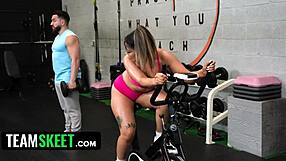 latina gym babe oiled up rides cock sweat mixes with cum
