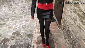 hey, check this milf strutting in sexy pantyhose and heels
