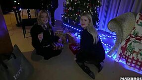 Two Christmas blonde moms get anal dp on piano under tree