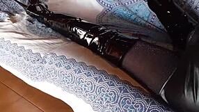 Petite milf in total black latex fishnets pantyhose over-knee boots heels sexy brunette ass