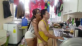 she sneaks into the kitchen for stepdad's cock suck then pussy pounding