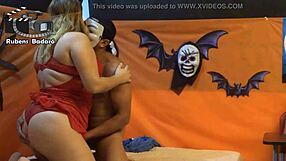 Chubby Halloween babe bent over takes big cocks doggystyle from mr rola and gauchito