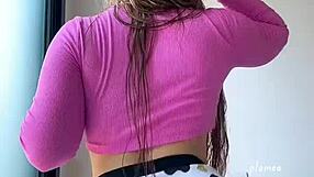 Latina in tight jeans shakes big ass and natural tits, daring you to peel off panties