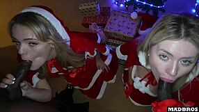 Two Christmas blonde moms get anal dp on piano under tree