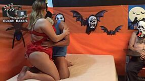 Chubby Halloween babe bent over takes big cocks doggystyle from mr rola and gauchito