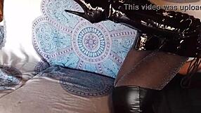 Petite milf in total black latex fishnets pantyhose over-knee boots heels sexy brunette ass