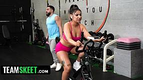 latina gym babe oiled up rides cock sweat mixes with cum