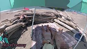 MISS CREAMY GIVES HANDJOB TO BIG COCK ON NUDITY BEACH AS EXHIBITIONIST WIFE IN PUBLIC
