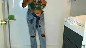 latina soaks her jeans and panties before stripping for messy shower!
