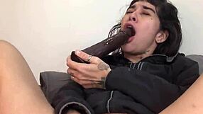 French emo cutie rams huge dildos up ass and squirts hard!