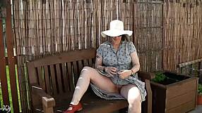 Naughty housewife strips totally naked in wild outdoor garden frenzy