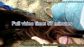 long-haired babe teases with outdoor hairjob cum finale