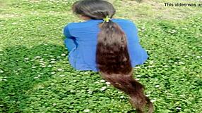 long-haired babe teases with outdoor hairjob cum finale