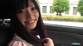 cute asian teen fingers hairy pussy then deepthroats cock in car