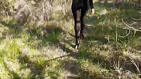 high heels strut sexy through forest ass tease
