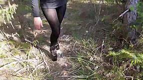 high heels strut sexy through forest ass tease