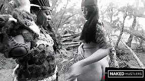 Thick ebony booty slurps deepthroat on cock with curvy ivory baddie outdoors