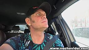 Nacho hooks up with tattooed candy doll for messy road head and hard ride home fuck