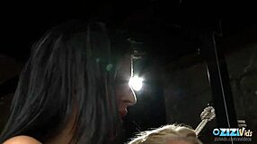 Two girls watch friend fuck milf bent over in sex dungeon with big tits