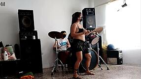 drummers play beats, she strips dancing and shakes huge ass