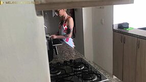 My curvy Colombian stepmom's fat ass begs for anal in the kitchen - humiliating her with my cock while she's flashing those brown eyes.