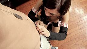 Alyssa milf kneels in lingerie to deliver expert blowjob with handjob finish