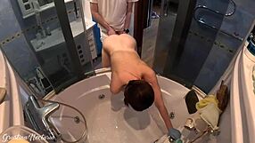 she was scrubbing the bath bent over while i doggystyle fucked her big cock moaning brunette neighbor