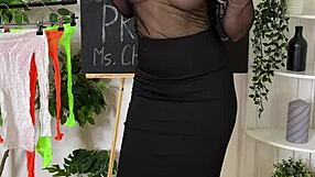 sexy mature teacher in fishnets and heels teases with curvy tits and nylon fetish