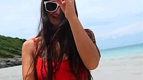 Whoa cutie in orange bikini flashes tanned petite body fingering on crowded beach?!