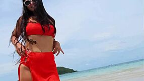 Whoa cutie in orange bikini flashes tanned petite body fingering on crowded beach?!