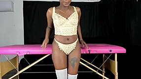 petite ebony model poses in antique lace lingerie