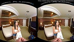 Naughty America VR babe bounces big natural tits on monster cock.