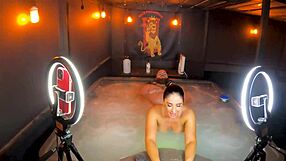 Sheena Ryder strips teasingly before deepthroat cowgirl in hot tub.