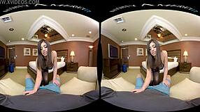 Naughty America VR babe bounces big natural tits on monster cock.