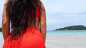 Whoa cutie in orange bikini flashes tanned petite body fingering on crowded beach?!