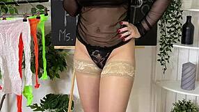 sexy mature teacher in fishnets and heels teases with curvy tits and nylon fetish