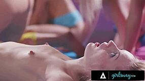 Girlsway petite blonde erupts into intense retro training orgy frenzy