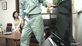 japanese wife's huge saggy tits tempt worker for quick cheating creampie pounding!