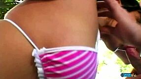 adorable brunette with braces takes huge asian cock deep in pussy and mouth outdoors!