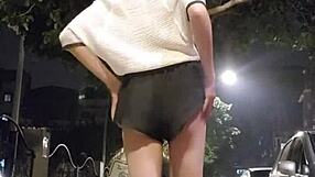 ting xuan bares juicy butt outdoors cums hard on legs