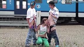Cum blasts Alexis Crystal's cute face in wild public train threesome orgy!