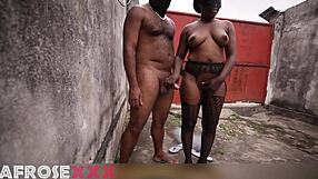 young ebony babe spits on stranger's big black cock outdoors masturbating it while hubby's working