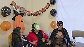 halloween threesome turns wild with stepmom stepdaughter and stepson sucking balls