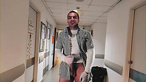 sexy bodybuilder patient strokes his 18cm monster cock with gloves in hospital till he cums
