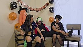 halloween threesome turns wild with stepmom stepdaughter and stepson sucking balls