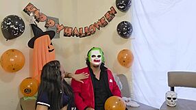 halloween threesome turns wild with stepmom stepdaughter and stepson sucking balls