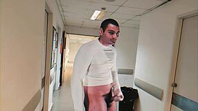 sexy bodybuilder patient strokes his 18cm monster cock with gloves in hospital till he cums