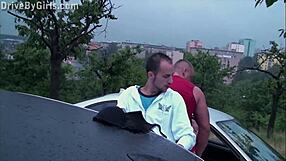 Girls bend over car window asses exposed for public gangbang orgy fucking