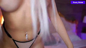 juicy blonde teases pierced nipples in lingerie before dildo pounds pussy
