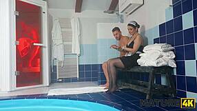 Hot milf housewife drains young cock outdoors in stockings